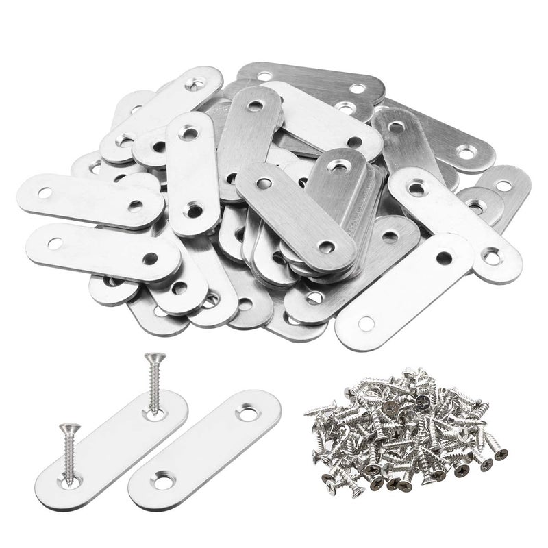 TOPPROS Pack of 50 Flat Corner Brace Plates Metal Joining Plates Connector Repair Bracket with Fixing Screws,2 inchx0.6x0.08 inch, 2 Holes,Stainless Steel, Silver Color - Image 1
